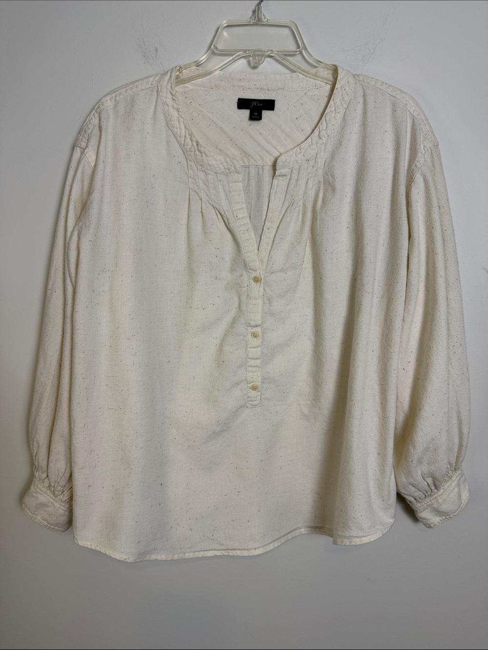 J> CREW Flannel Speckled Pullover Henley Blouse 3/4 Sleeves, Cream | Sz M